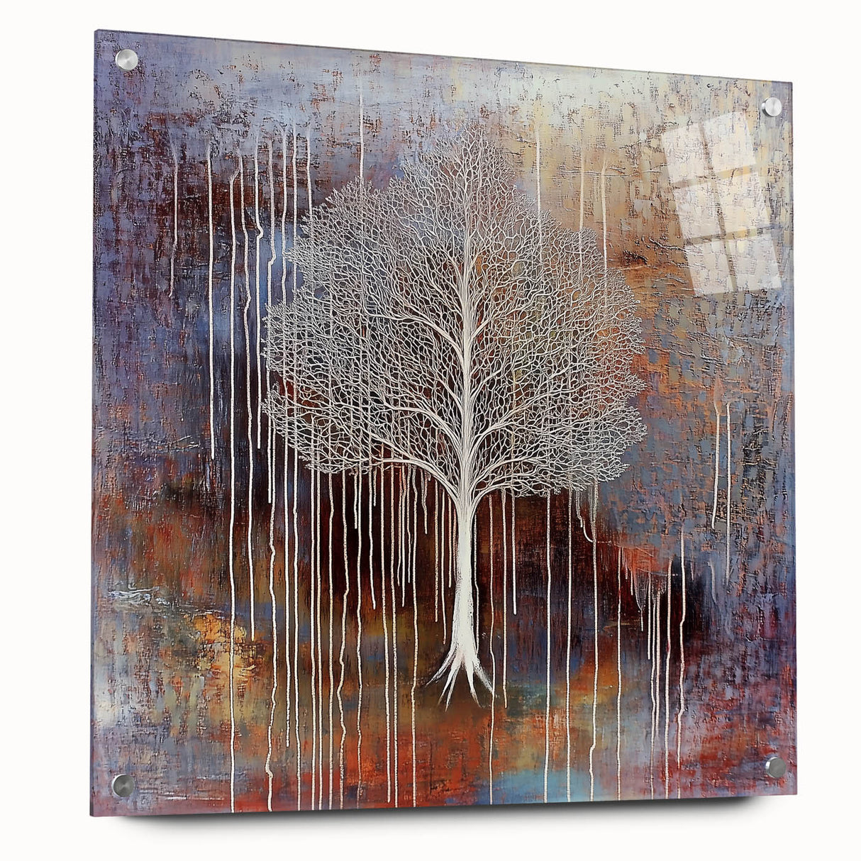 Abstract floral artwork on acrylic glass, showcasing vibrant colors and intricate designs, displayed from the side with decorative pins. Ideal for modern home decor.