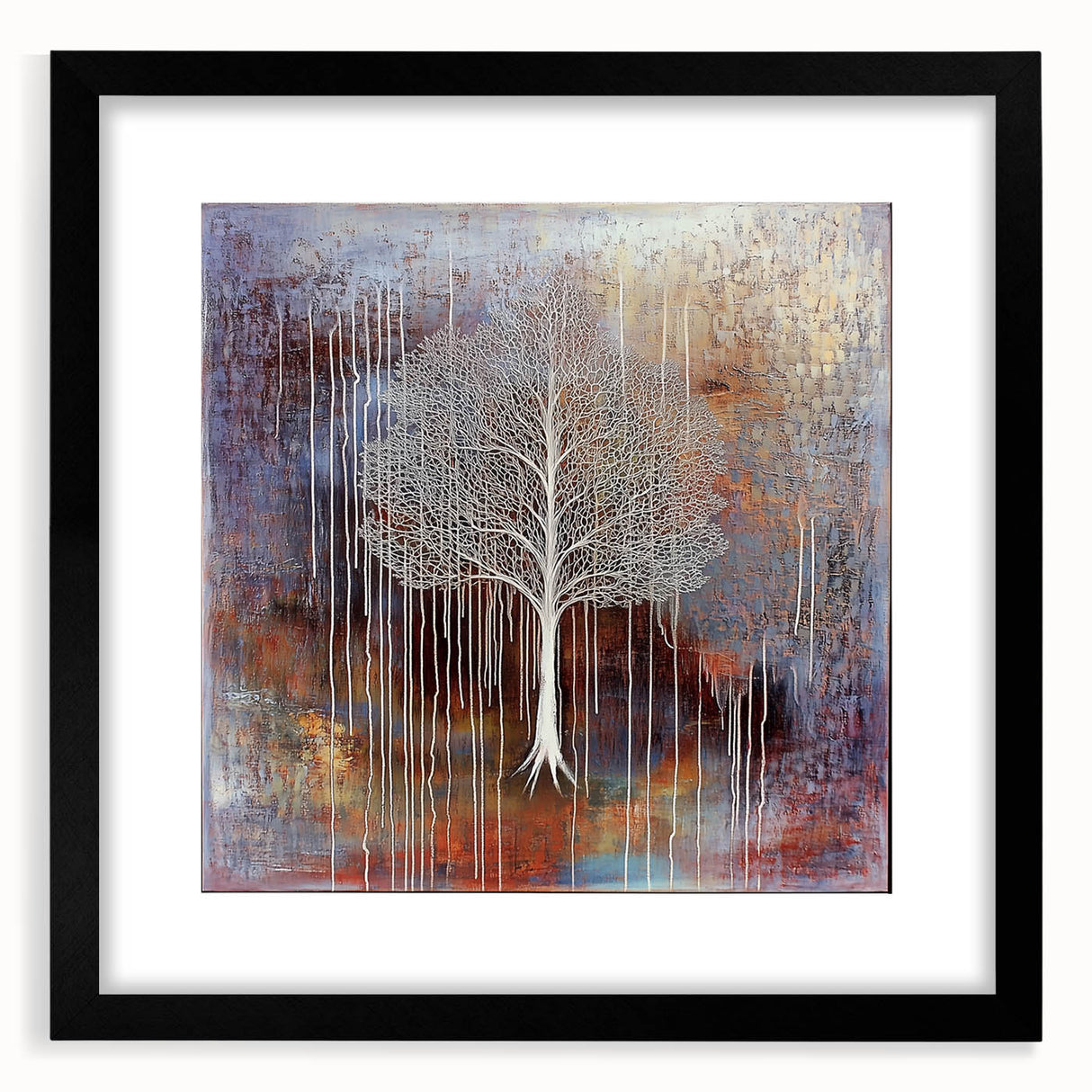 Abstract floral frame artwork showcasing vibrant colors and intricate patterns, set against a sleek black mat background, perfect for modern home decor.