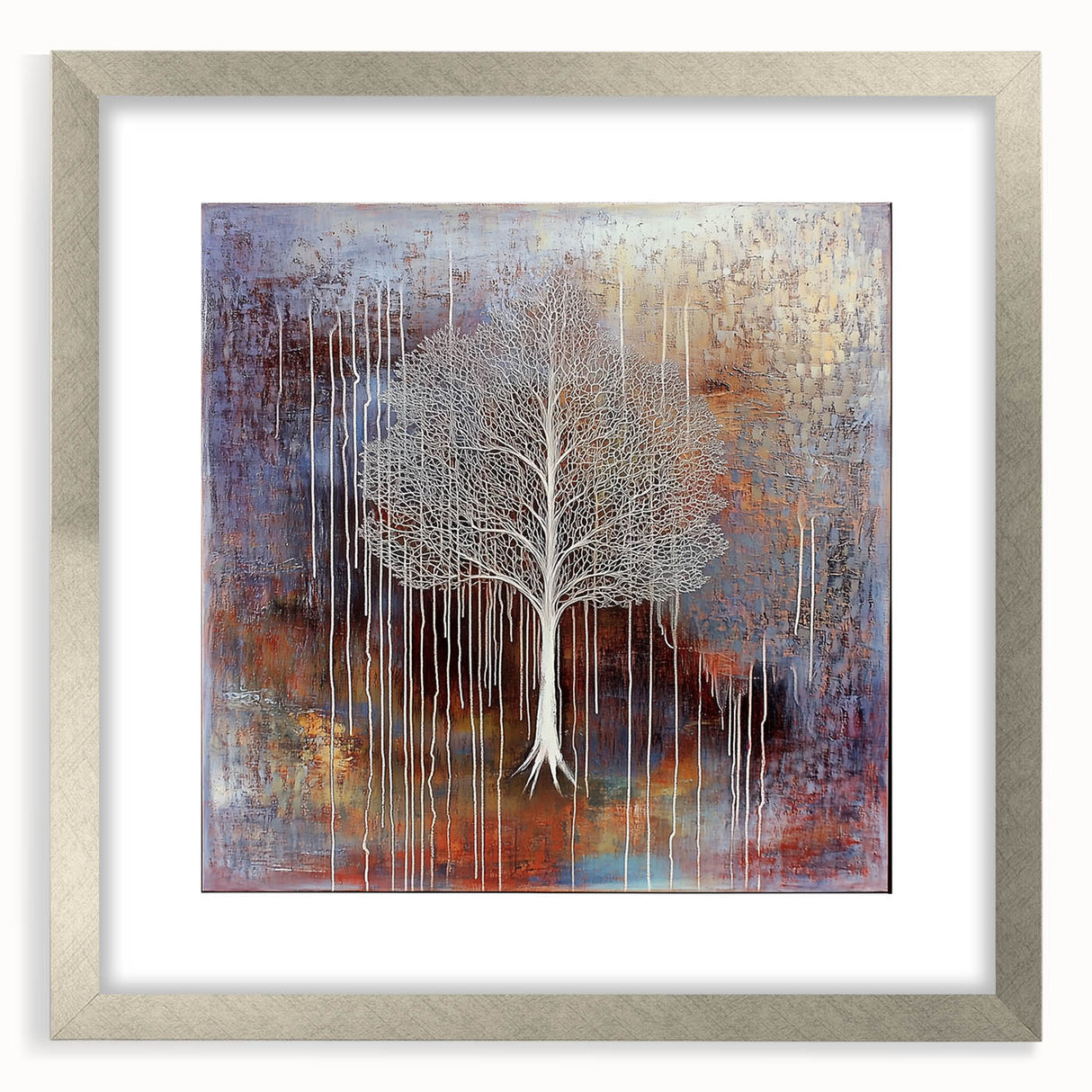 Abstract floral frame with a silver mat, showcasing vibrant colors and intricate designs, perfect for enhancing modern home decor or art displays.