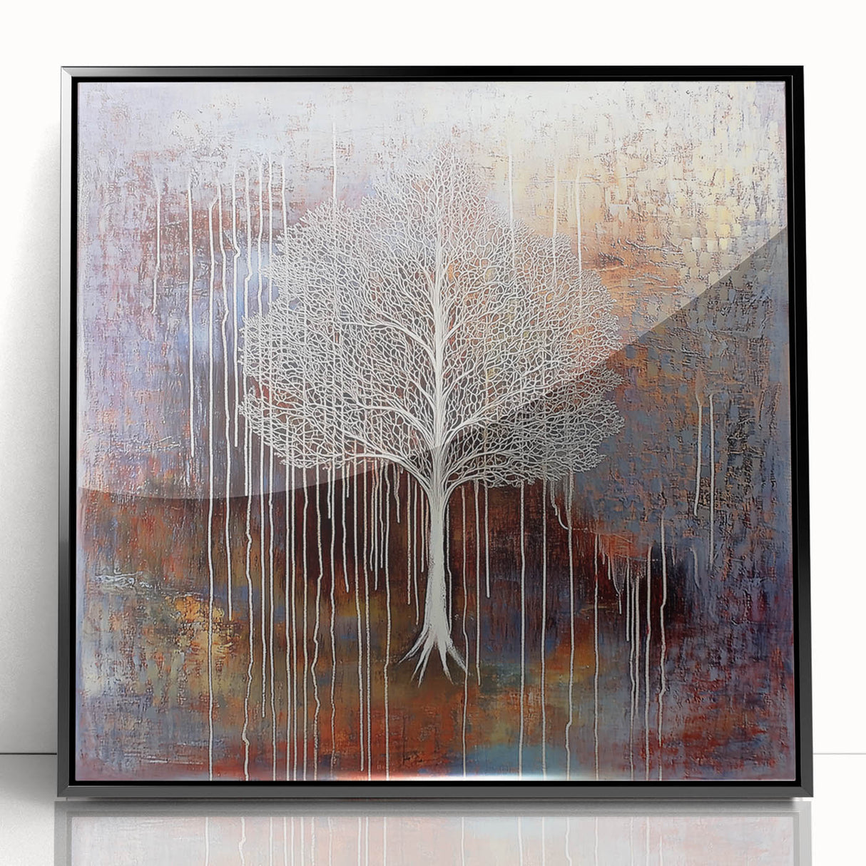 Framed acrylic artwork featuring vibrant abstract floral designs in shades of blue, pink, and green, set against a sleek black frame, perfect for modern decor.