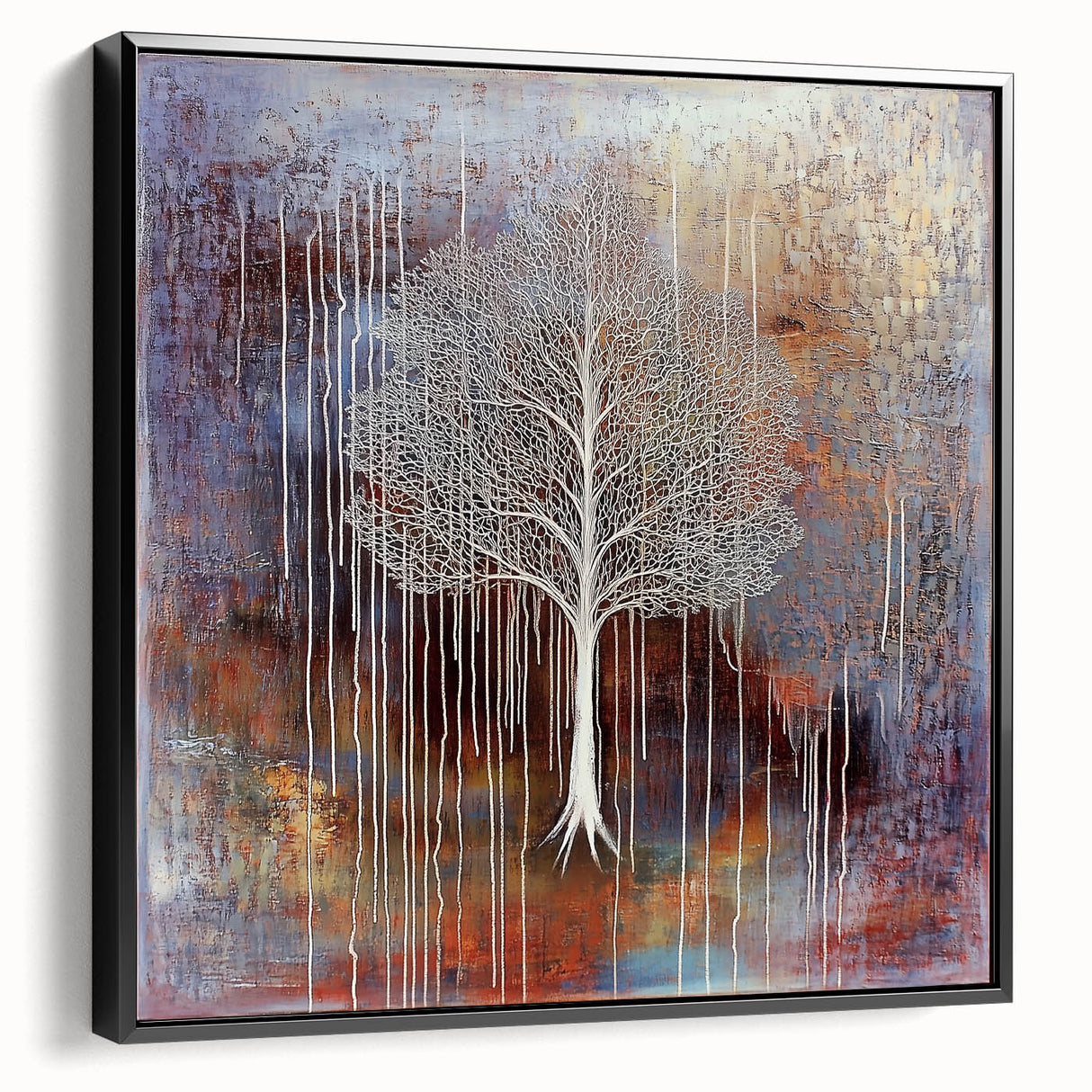 Framed canvas artwork showcasing a vibrant abstract floral design in bold colors against a black background, viewed from the side, perfect for modern home decor.