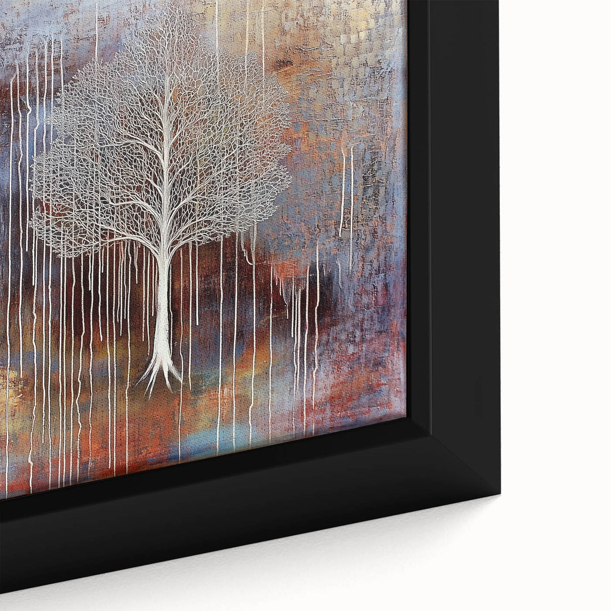 Close-up of a framed canvas featuring vibrant abstract floral designs in bold colors, showcasing intricate details and textures ideal for modern home decor.