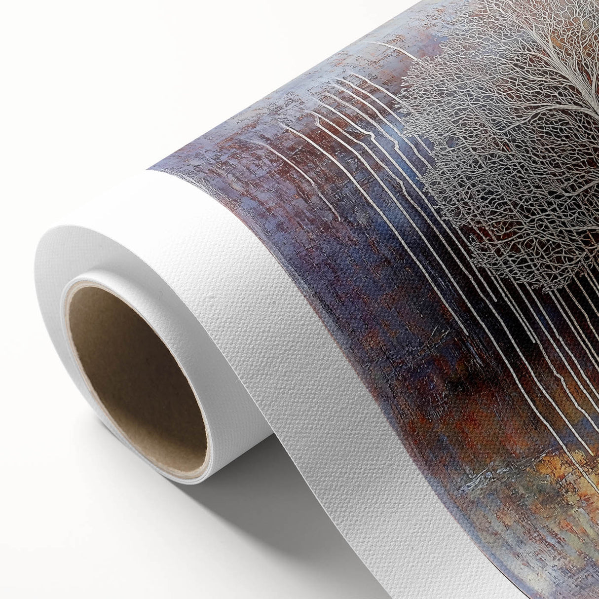 Abstract floral design on rolled canvas, showcasing vibrant colors and intricate details, ideal for modern home decor. Packaged securely in a sturdy cardboard tube for shipping.