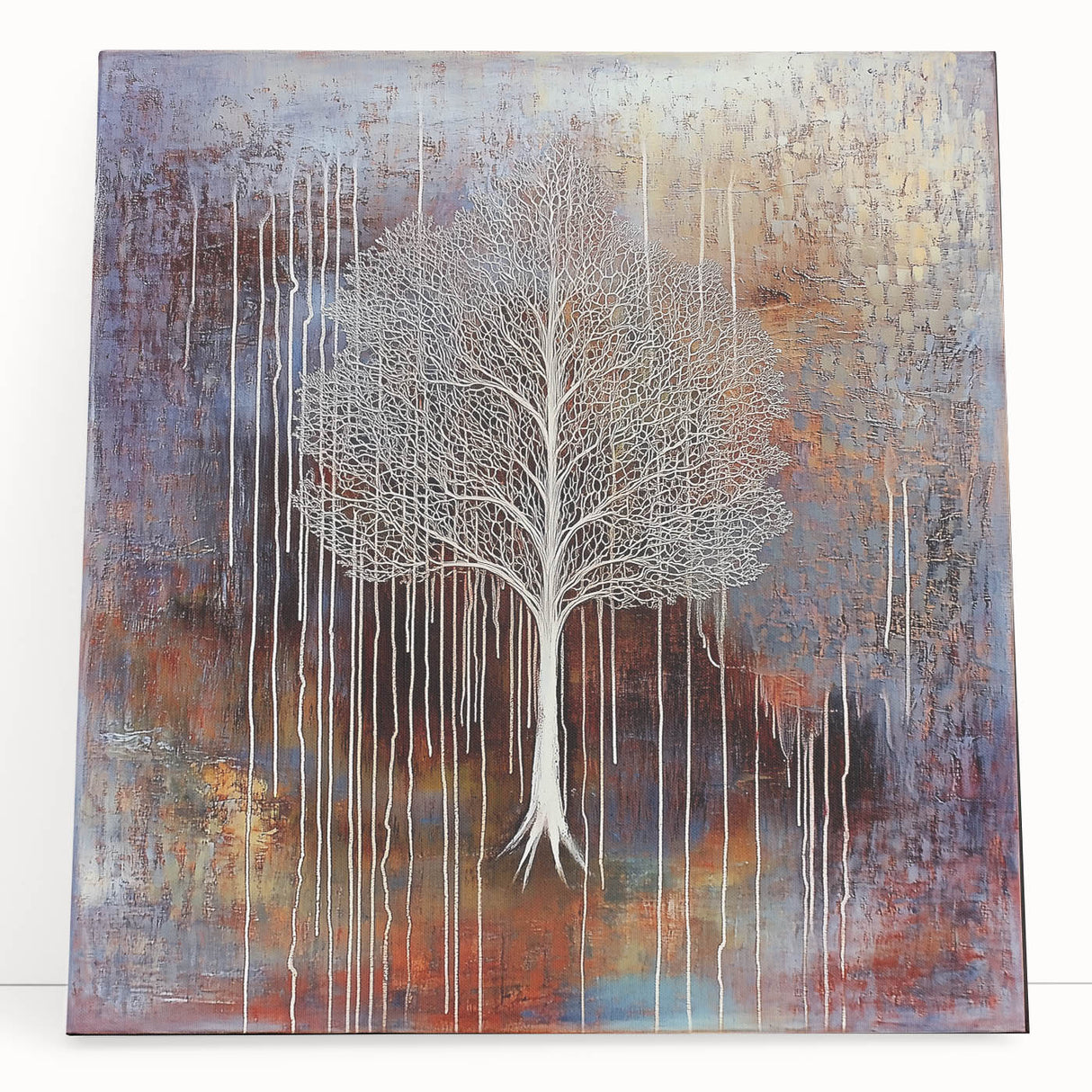 Abstract floral stretched canvas artwork featuring vibrant colors and dynamic shapes, leaning against a wall, perfect for modern home decor. Ideal for adding a touch of elegance and creativity to any space.