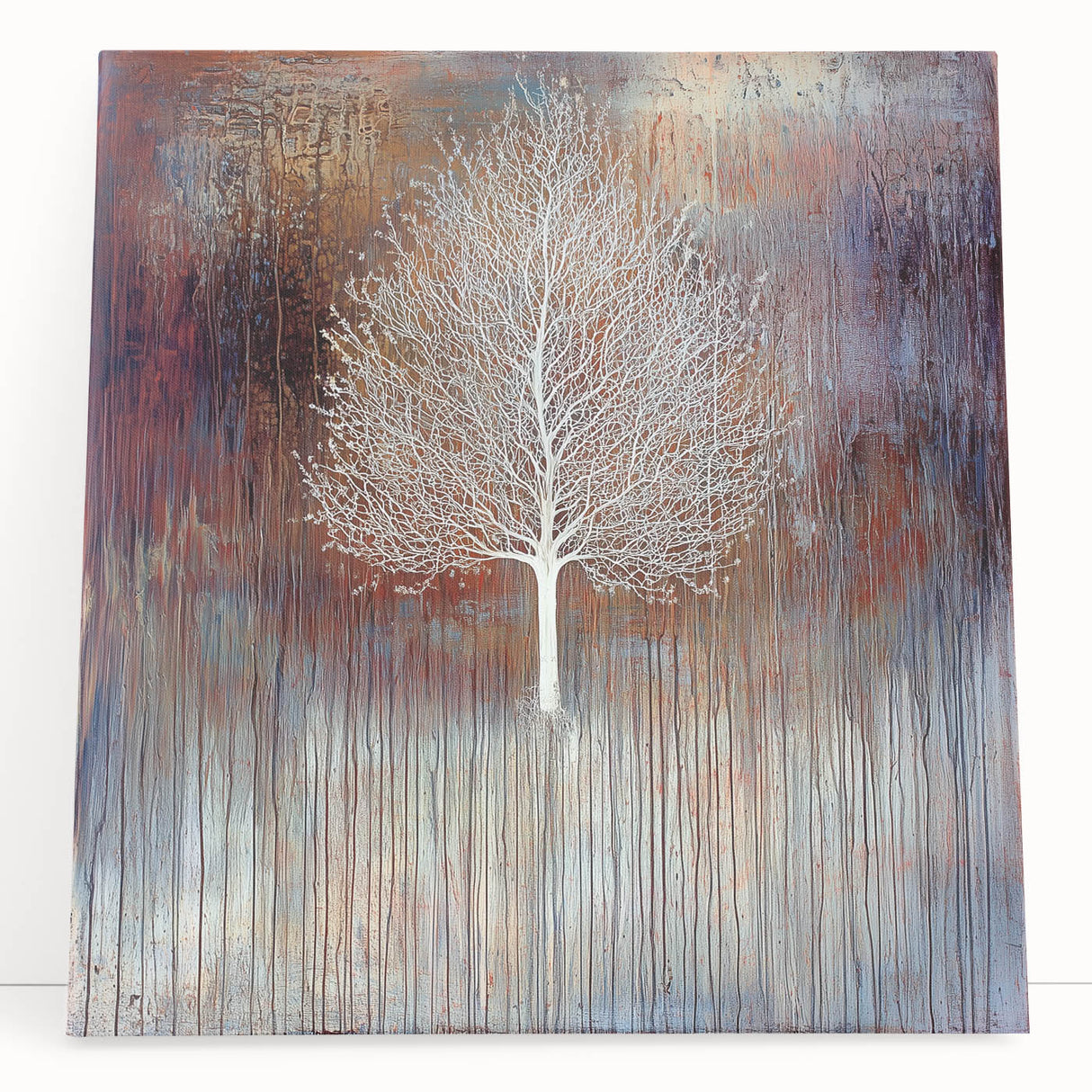 Abstract floral canvas art featuring vibrant colors and intricate patterns, elegantly leaning against a neutral wall, perfect for modern home decor.