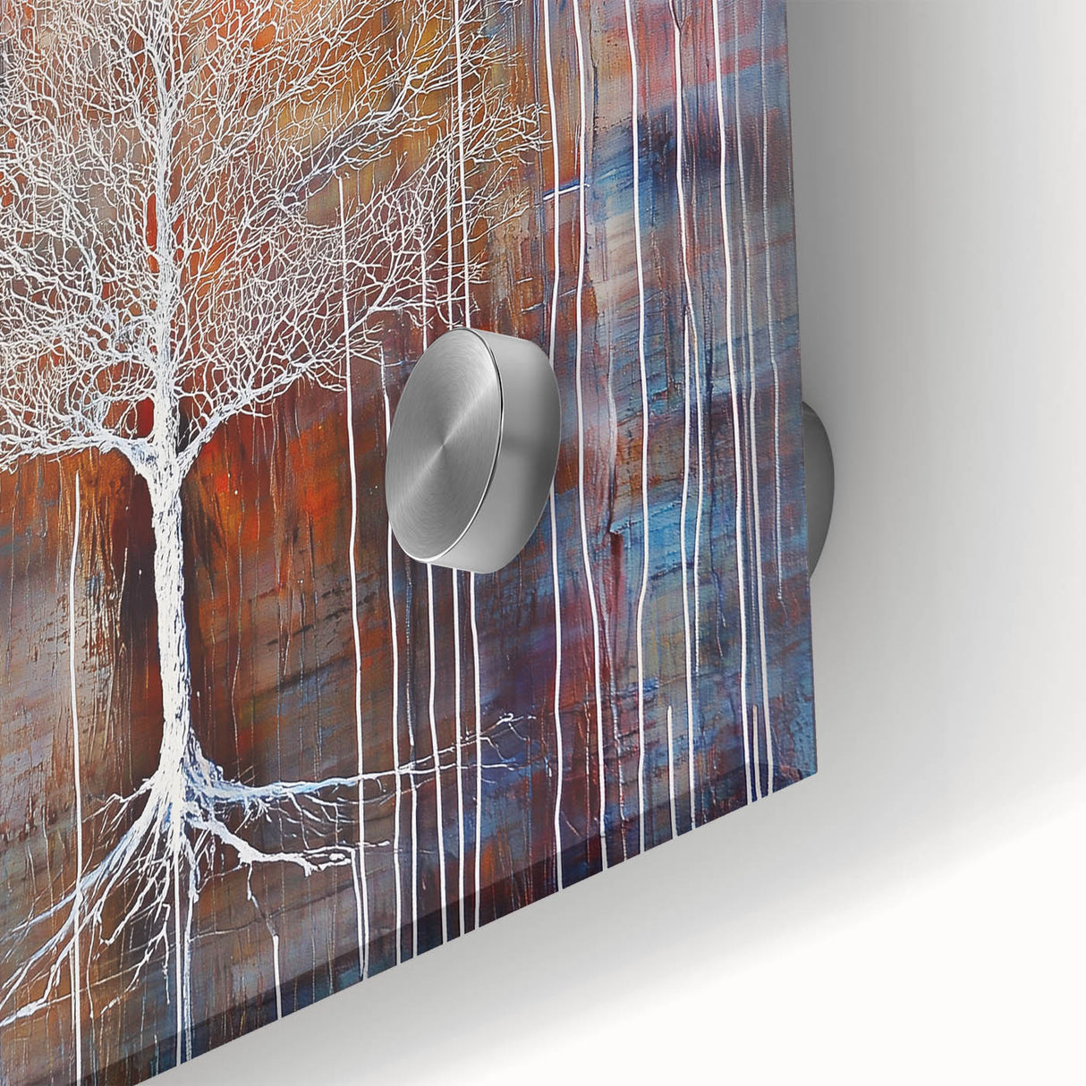 Close-up of vibrant abstract floral artwork on acrylic glass, showcasing intricate details in bold colors and textures, perfect for modern home decor.