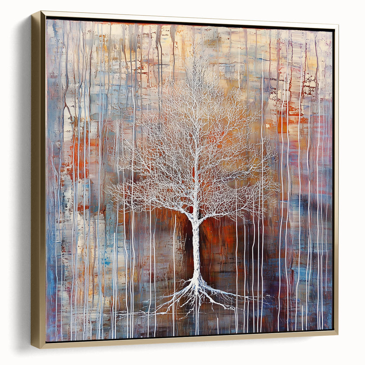 Framed canvas artwork showcasing an abstract floral design in silver and gold tones, perfect for modern home decor. The elegant piece adds a touch of sophistication to any room.