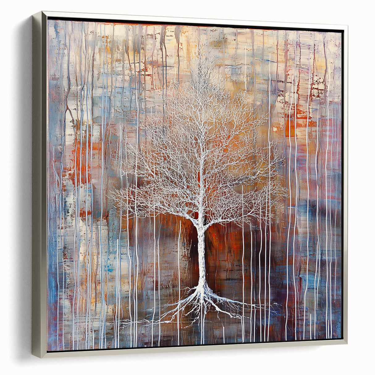 Framed canvas artwork showcasing vibrant abstract floral designs in rich colors, elegantly displayed with a sleek silver frame, perfect for modern decor.