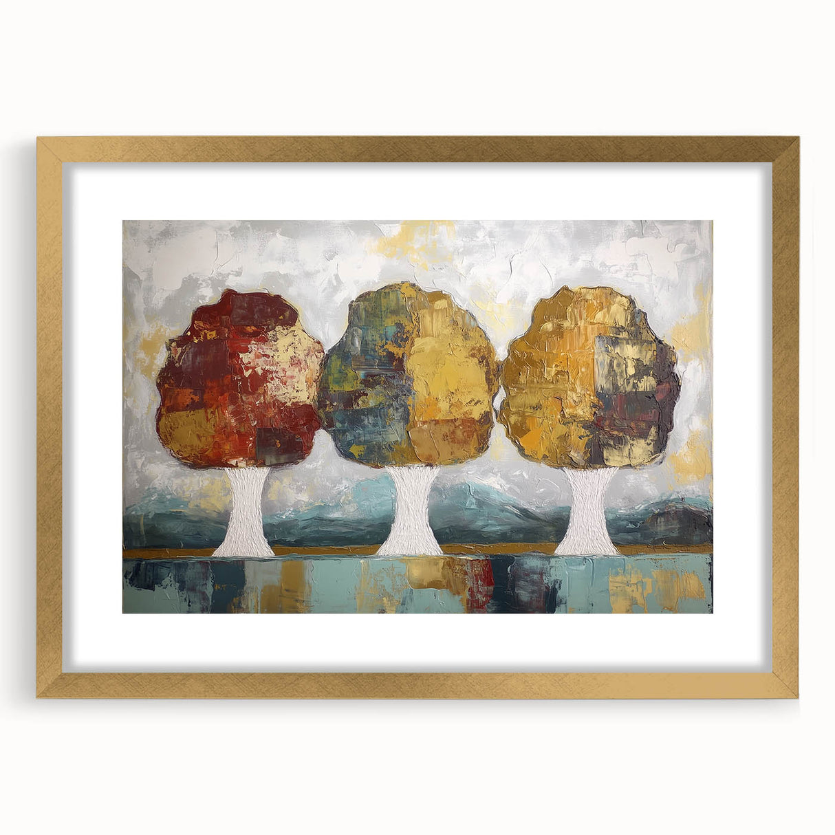 Elegant gold-framed abstract floral artwork featuring vibrant pink and green hues, displayed with a mat for a sophisticated look, perfect for home decor.