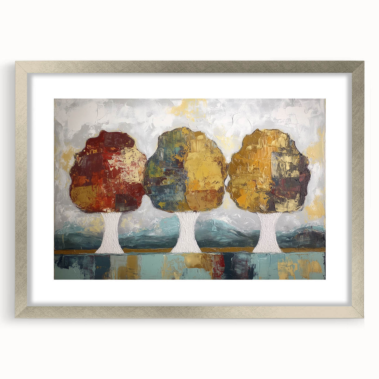 Abstract floral art frame in silver with a mat, showcasing intricate floral designs and elegant contours, ideal for modern home decor. Perfect for adding a touch of sophistication to any room.