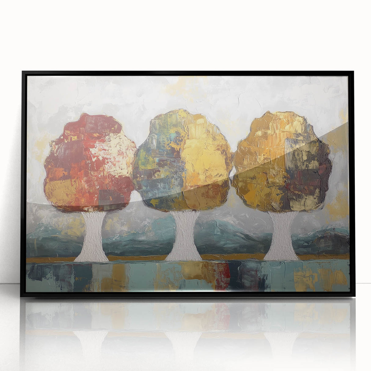 Framed acrylic artwork showcasing vibrant abstract florals in bold colors set against a sleek black background, ideal for modern home decor. Perfect for adding a touch of elegance and creativity to any space.