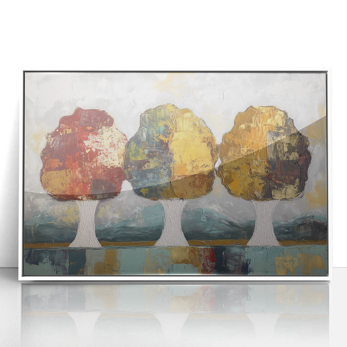 Framed acrylic artwork showcasing an abstract floral design in vibrant colors, set against a sleek white background, perfect for modern home decor.