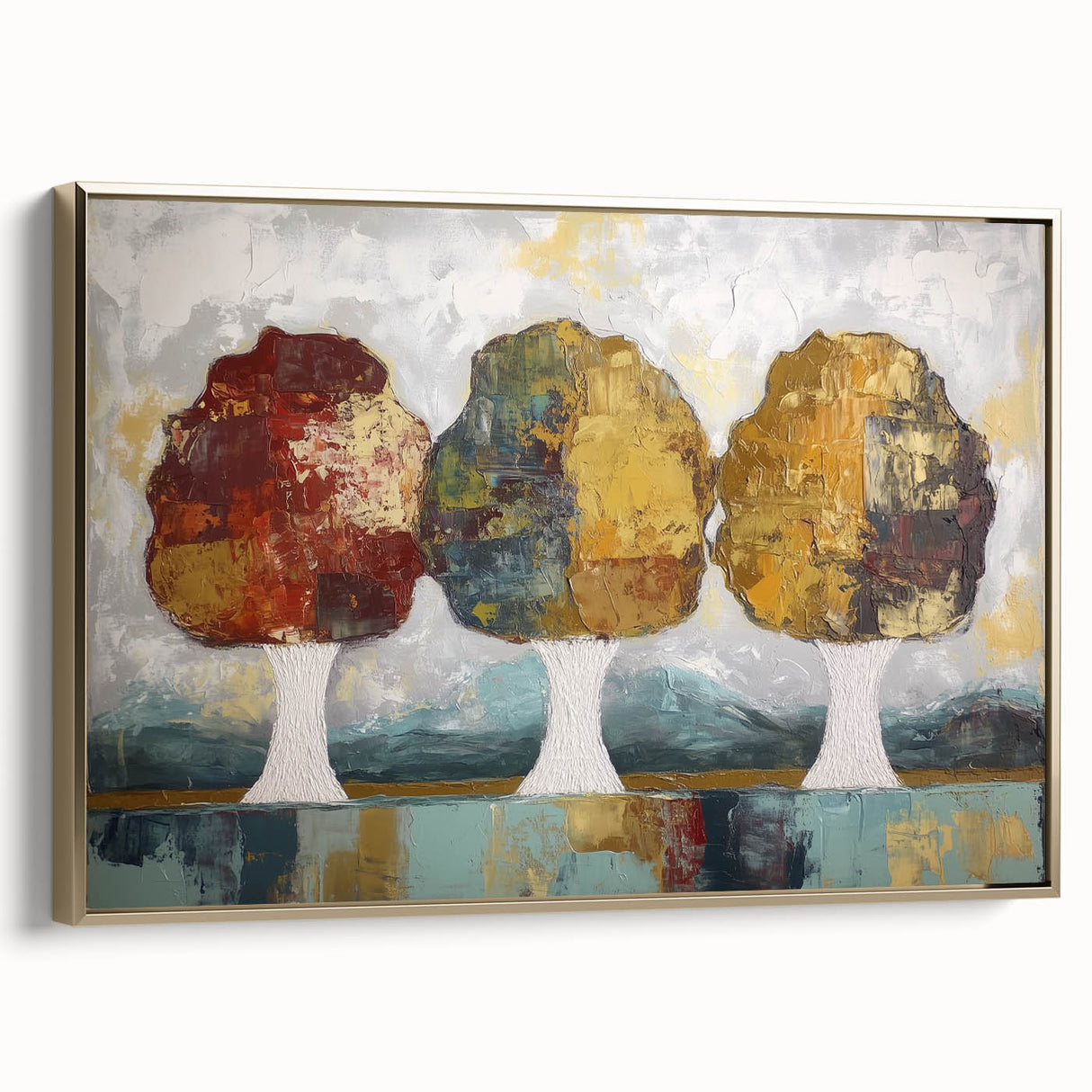 Framed canvas artwork showcasing an abstract floral design with vibrant colors and gold accents, displayed in a stylish side view, ideal for modern decor.