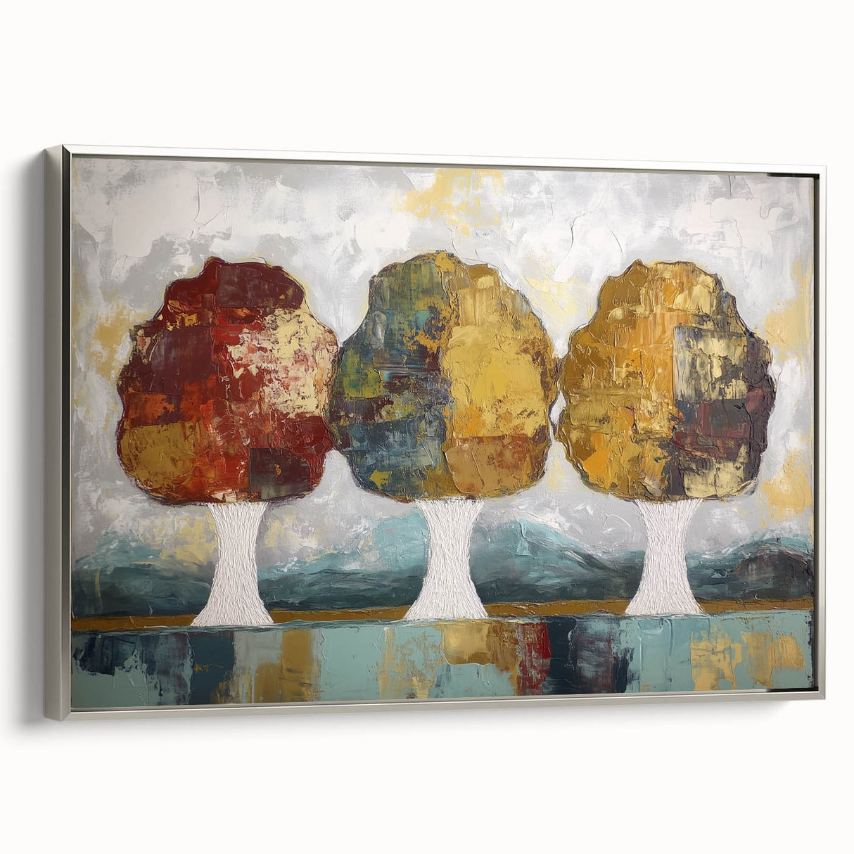 Framed canvas artwork showcasing an abstract floral design in vibrant colors, presented from a silver side view, perfect for modern home decor enhancement.