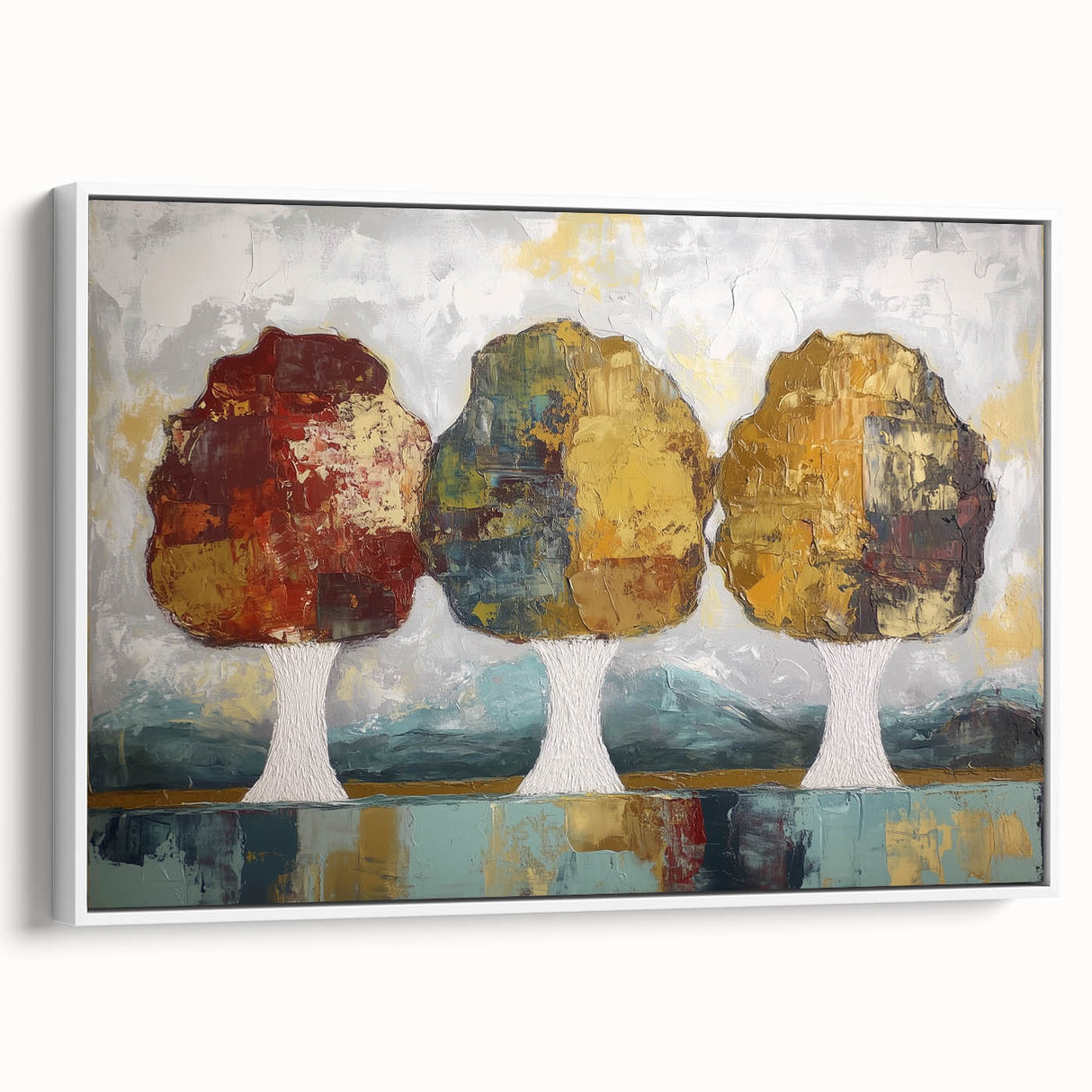 Framed abstract floral canvas art showcasing vibrant colors and intricate patterns, presented in a sleek white frame, ideal for modern home decor.