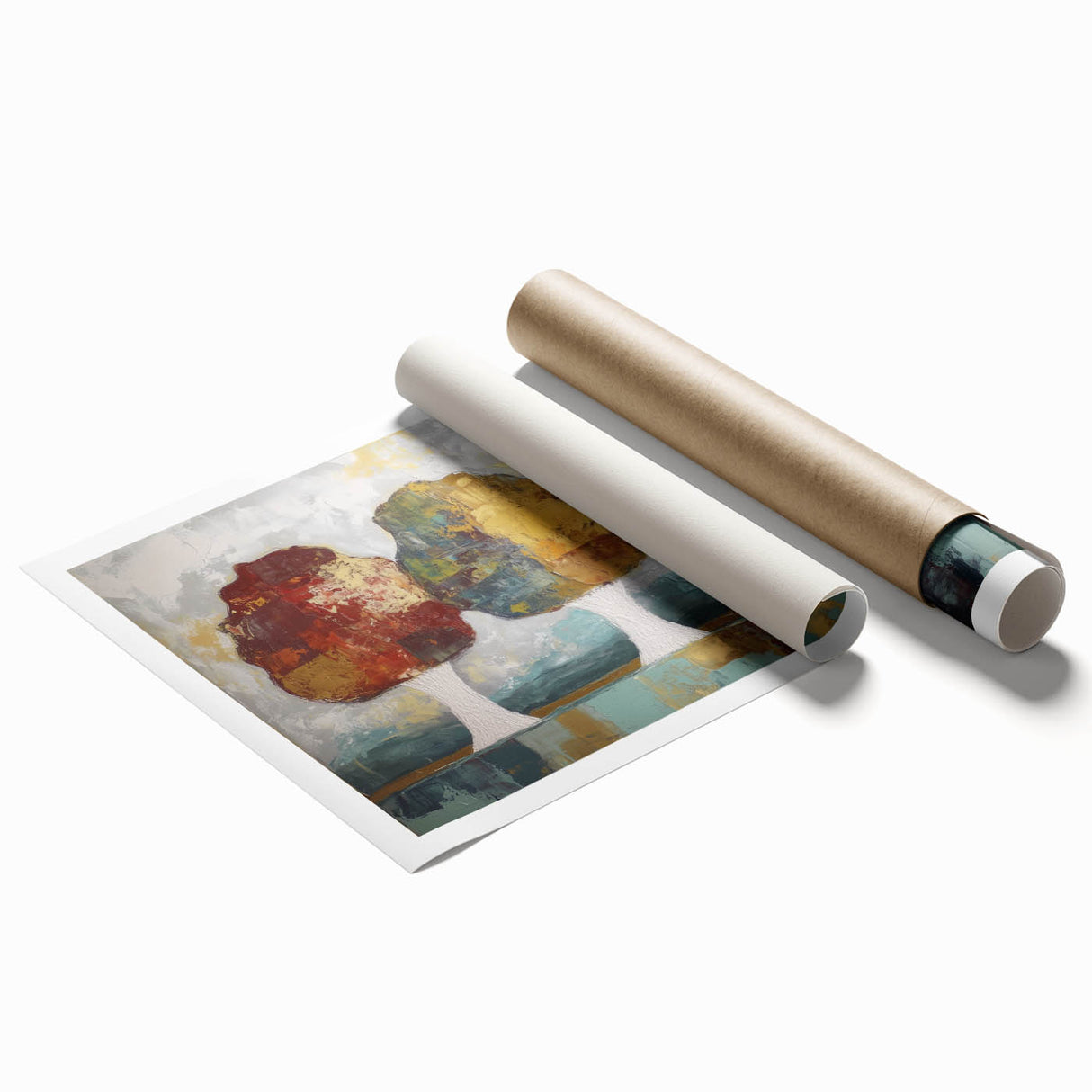 Abstract floral design print on rolled canvas, showcasing vibrant colors and intricate patterns, ideal for home decor or wall art enhancement. Packaged securely in a durable tube for safe delivery.