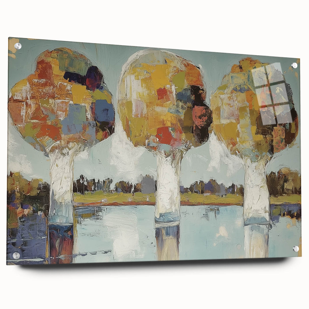 Abstract floral acrylic artwork displayed from a side view, showcasing vibrant colors and intricate details, secured with stylish pins on a glass surface.
