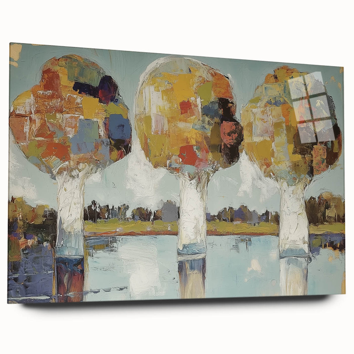 Abstract floral acrylic wall art on glass, showcasing vibrant colors and intricate designs, elegantly displayed from a side view, perfect for modern decor.