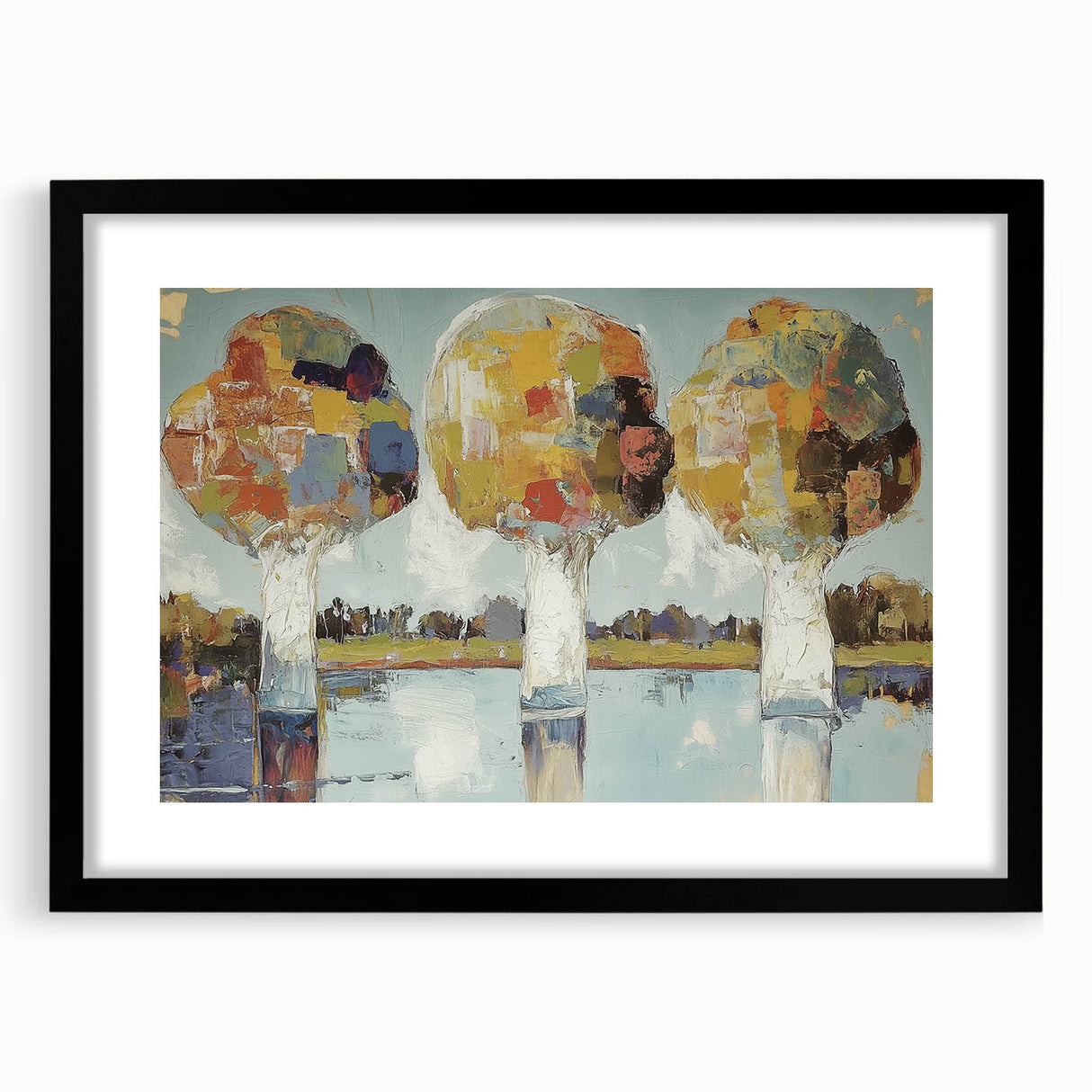 Abstract floral frame art print in black matting, showcasing vibrant colors and intricate designs, perfect for modern home decor or office settings.