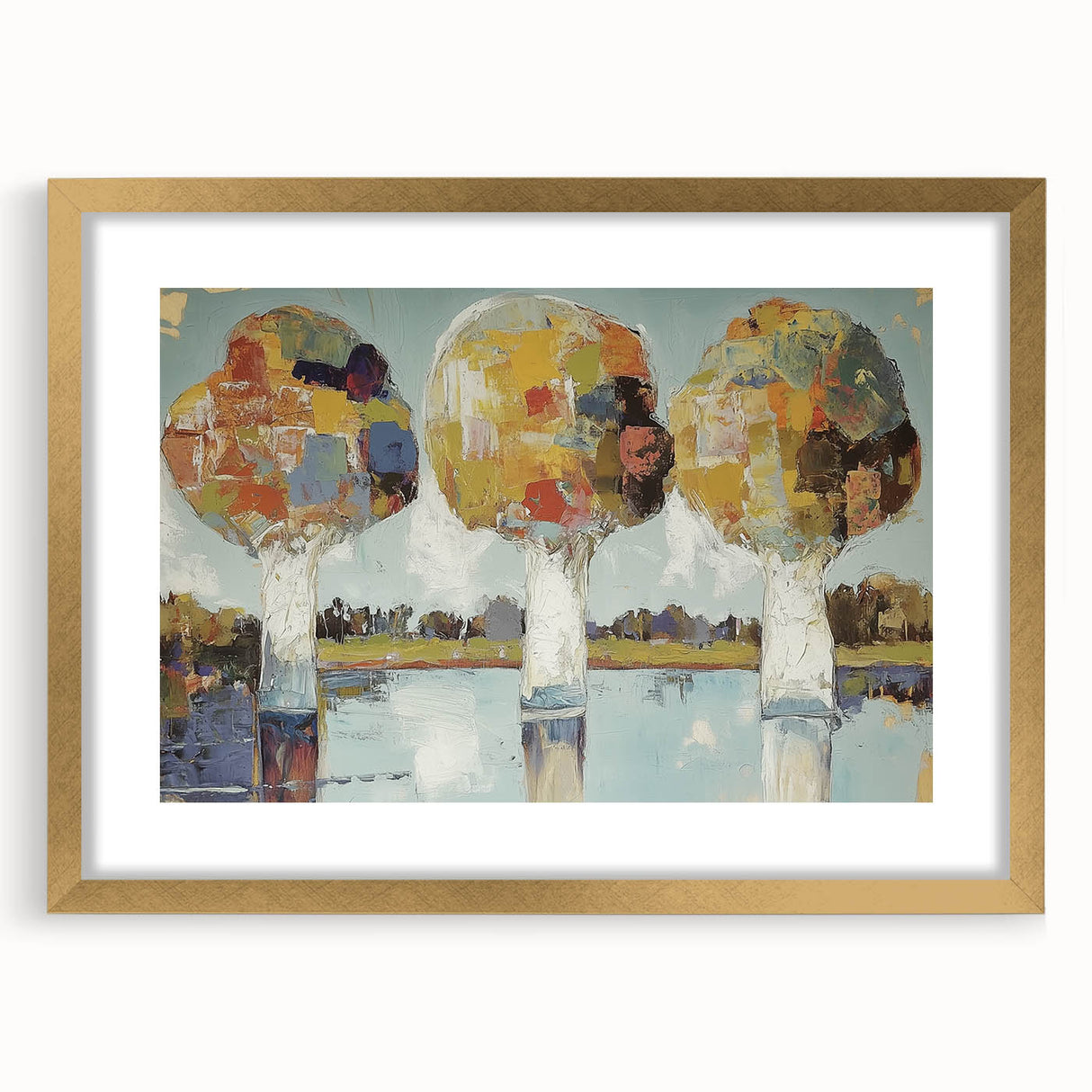 Abstract floral frame with a matte gold finish, showcasing vibrant colors and intricate designs, perfect for modern home decor or art displays.