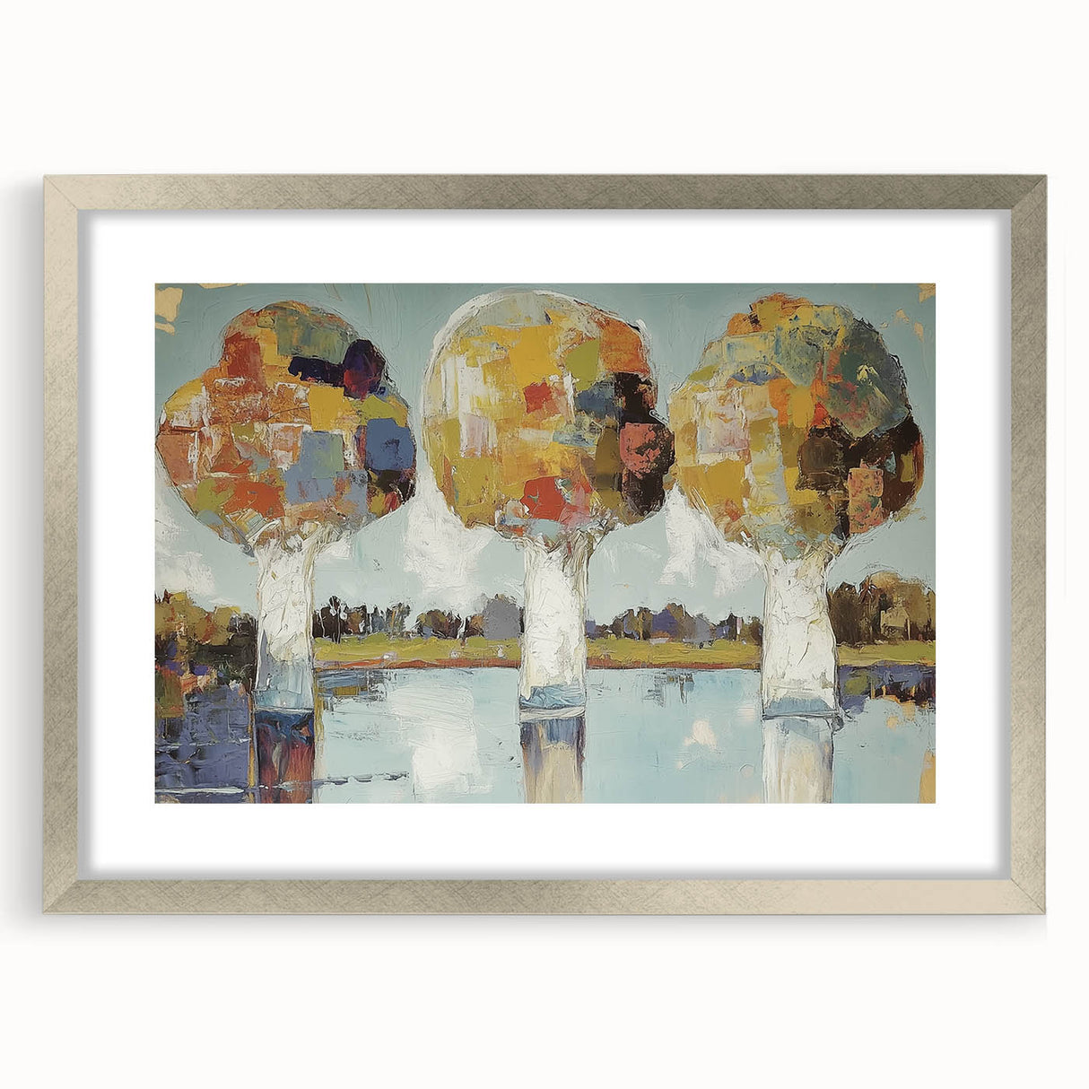 Abstract floral frame with silver mat, showcasing vibrant colors and intricate designs, perfect for enhancing modern home decor or gallery displays.