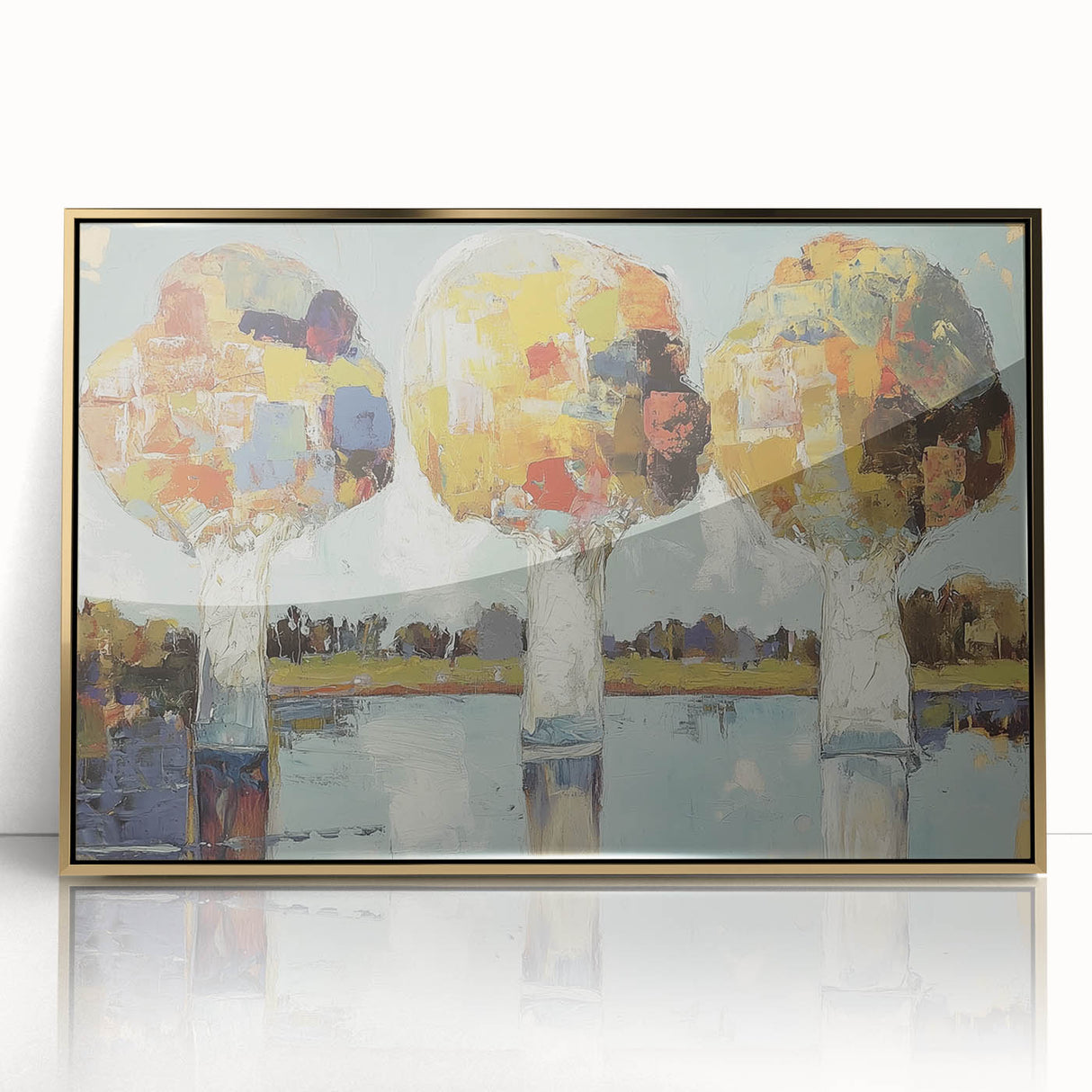 Framed acrylic artwork showcasing an elegant abstract floral design in gold and soft pastel hues, perfect for modern home decor. This piece adds a touch of sophistication to any interior space.