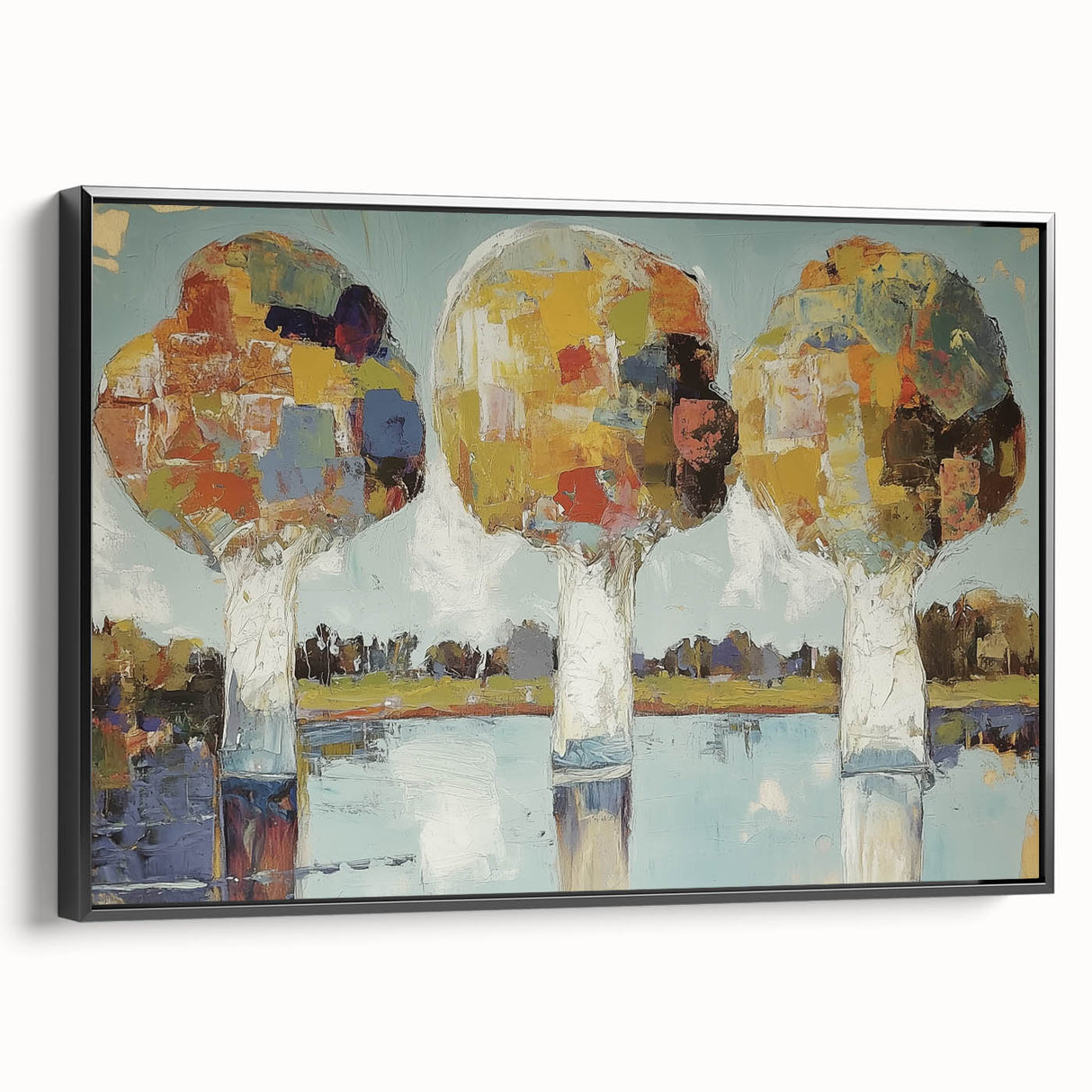 Framed canvas artwork showcasing abstract floral designs in vibrant colors, set against a sleek black background, ideal for modern home decor.