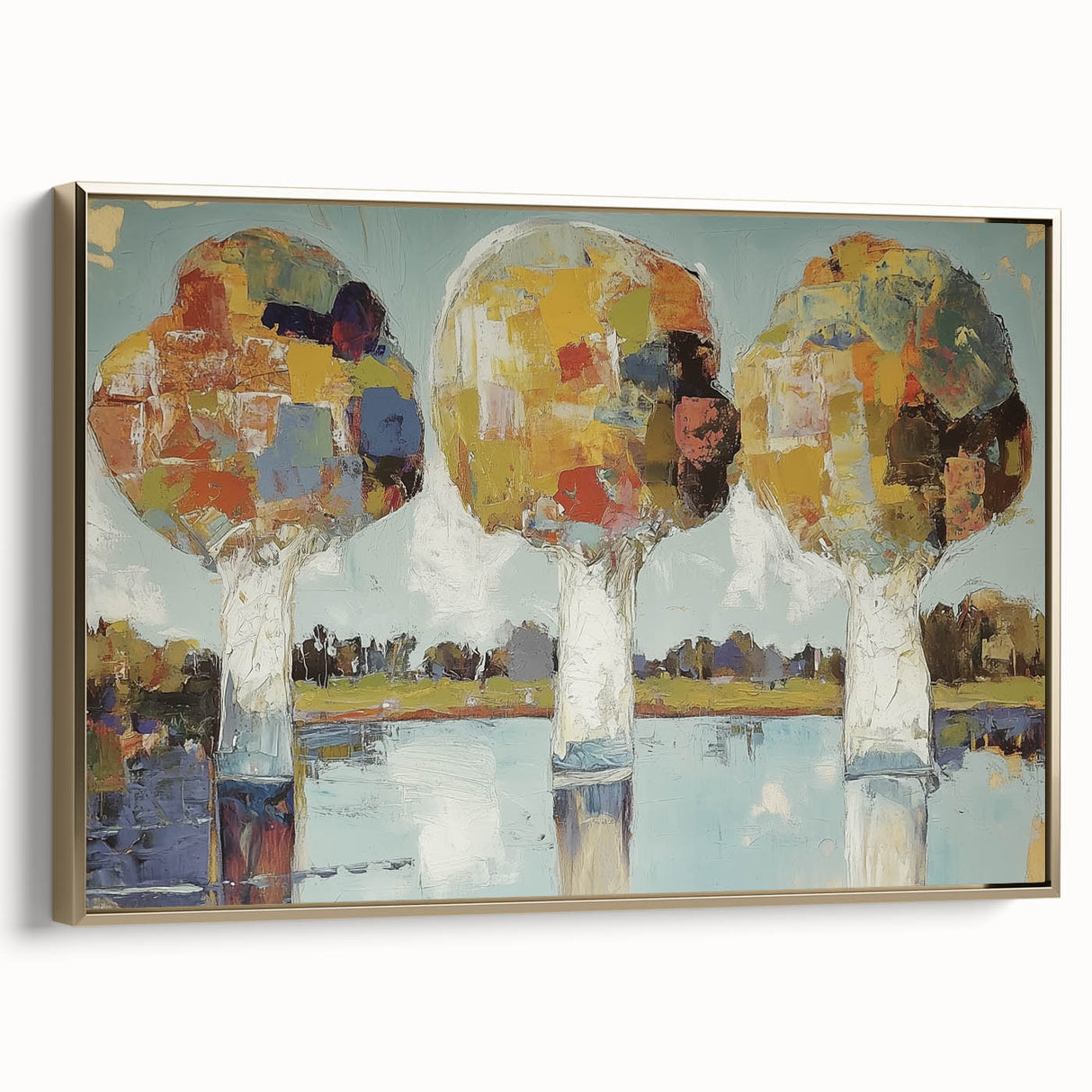 Framed abstract floral canvas artwork showcasing vibrant gold accents and intricate patterns, ideal for modern home decor. Side view highlights elegant design details.