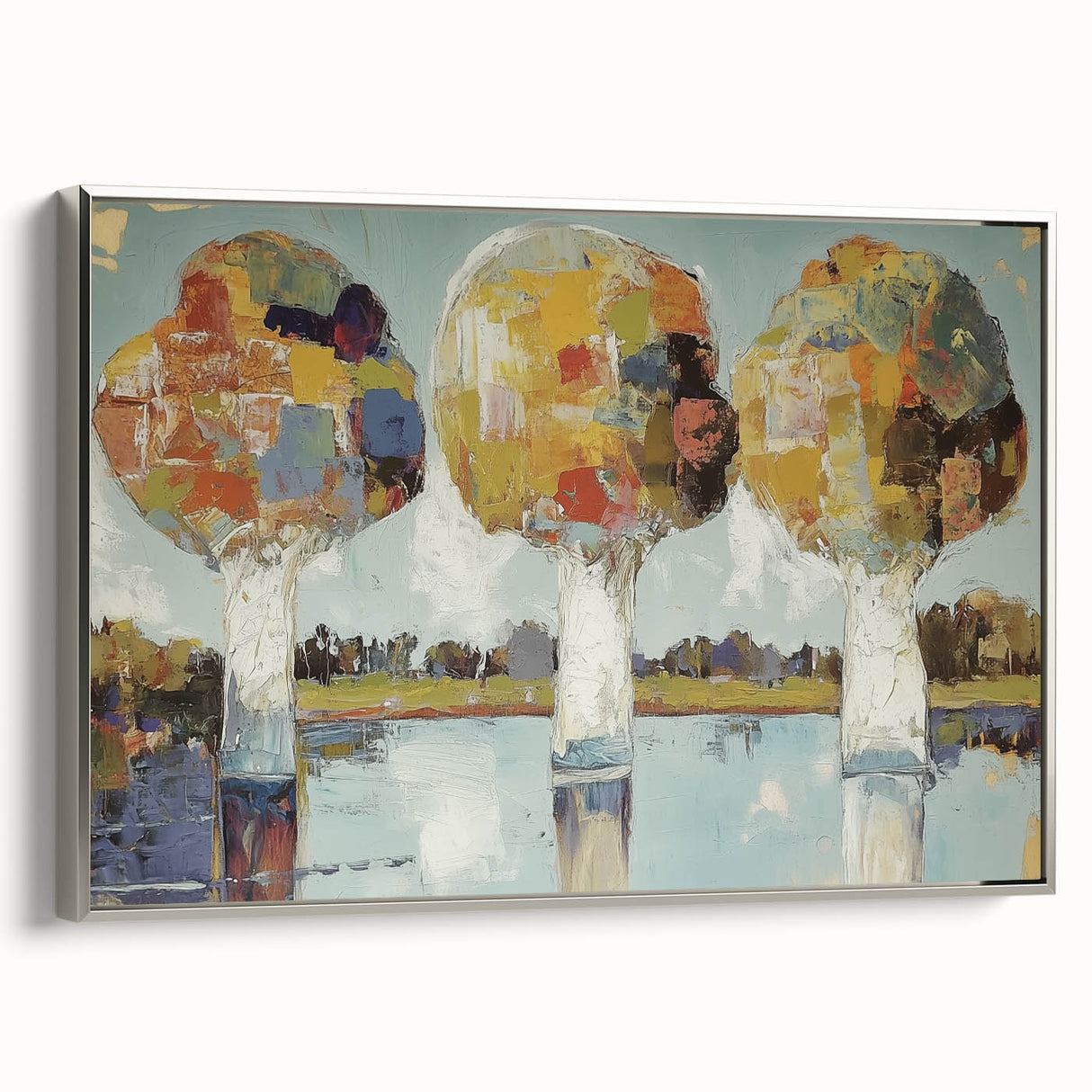 Framed canvas art displaying an abstract floral design in vibrant colors, highlighted by a sleek silver frame, ideal for modern home decor.