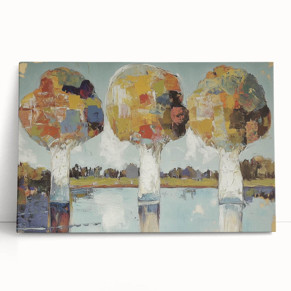 Abstract floral canvas art showcasing vibrant colors in a modern design, elegantly leaning against a wall, perfect for contemporary home decor.