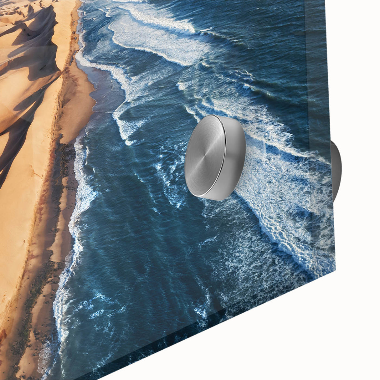 Large abstract wall art depicting a Namibian landscape in muted earth tones on acrylic glass, ideal for dining room decor.