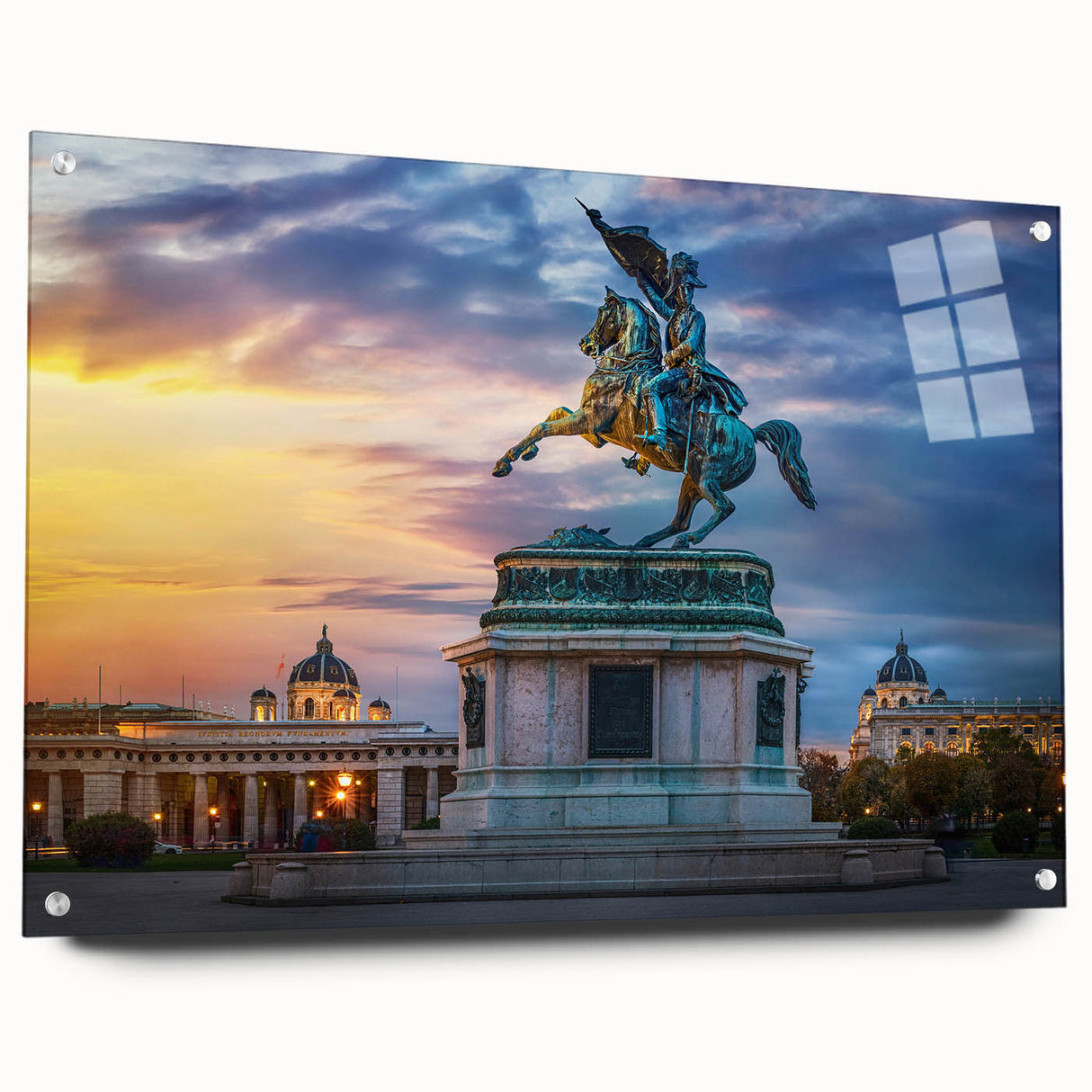 Acrylic print of a European landscape in muted green and blue tones, ideal for dining room decor.