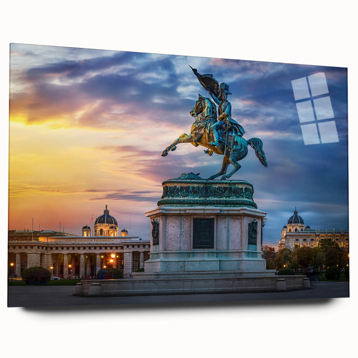 Large abstract wall art depicting a European scenery in muted earth tones on acrylic glass.