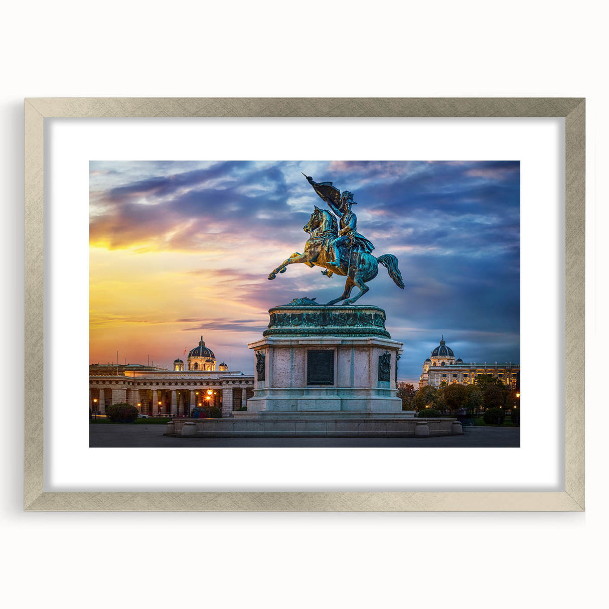 Extra large abstract art print of a European scenery in textured silver frame, ideal for living room decor.