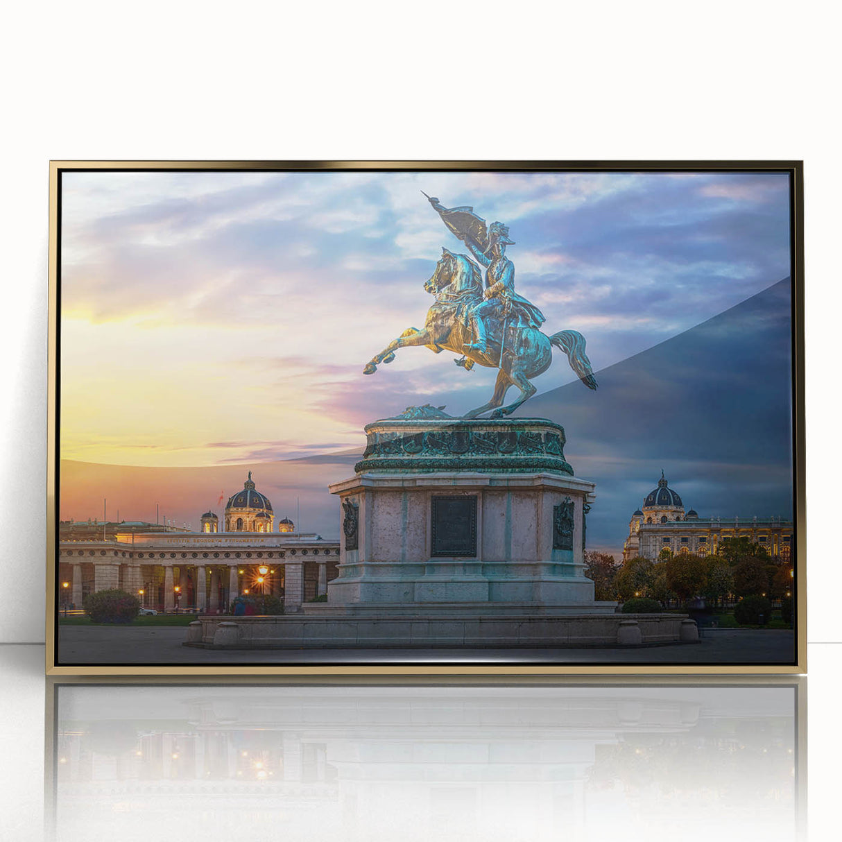 Art deco poster featuring a scenic European village in muted gold and blue tones, acrylic framed.