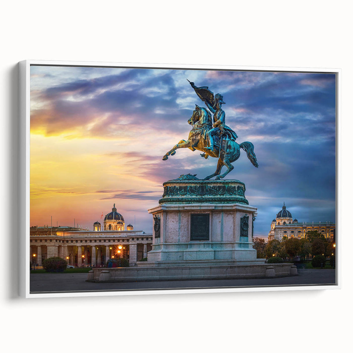 Vintage poster art of an Austrian landscape in vibrant colors on a large framed canvas, ideal for living room decor.