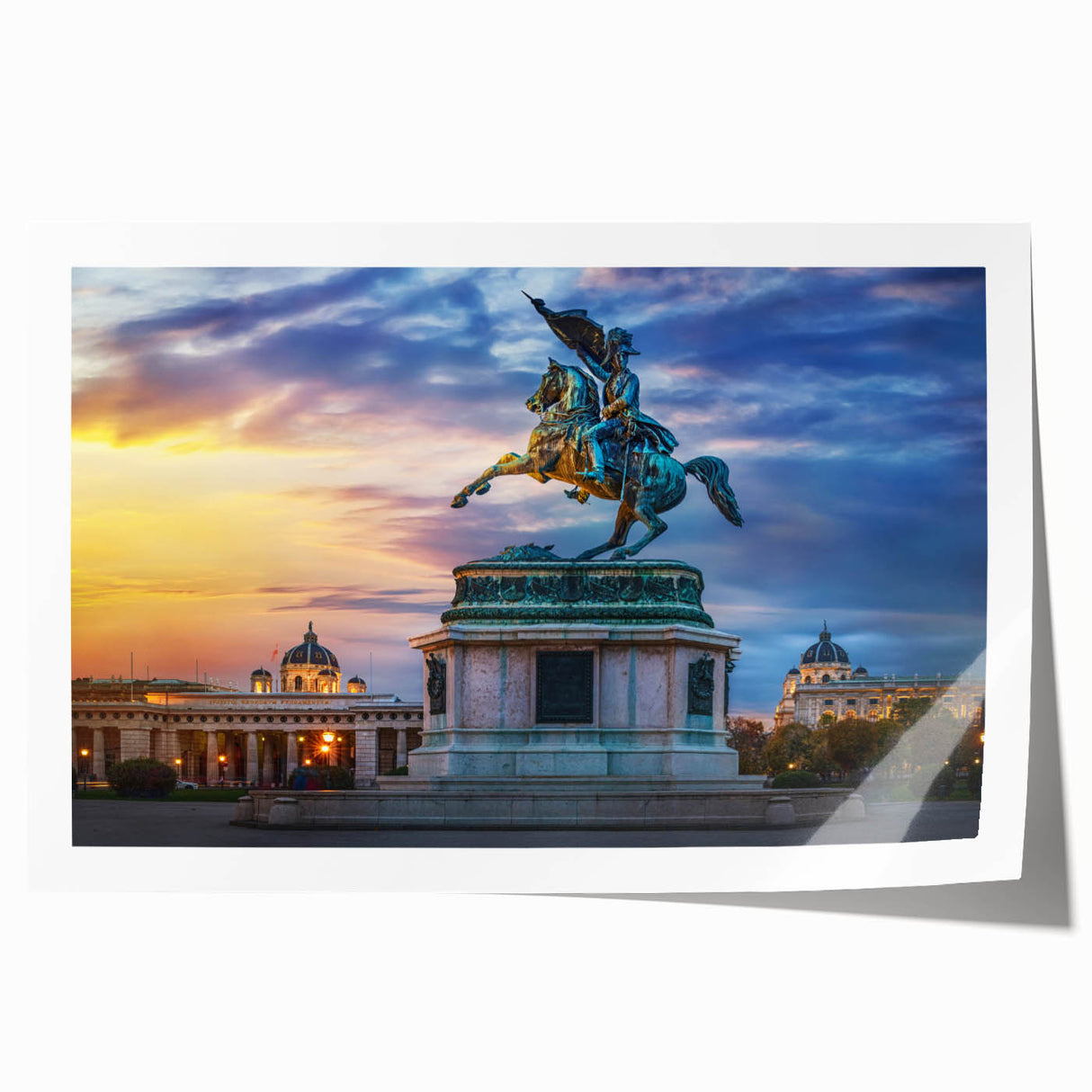 Rolled print of a European landscape with vibrant green and soft blue tones, ideal for art wall dining room.