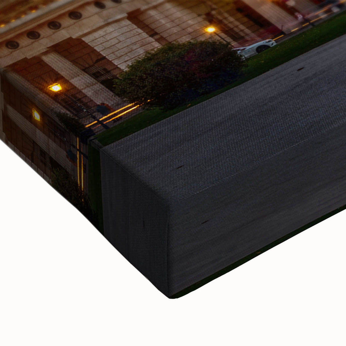 Large art of a black and white landscape painting of European scenery on stretched canvas, ideal for bedroom wall decor.