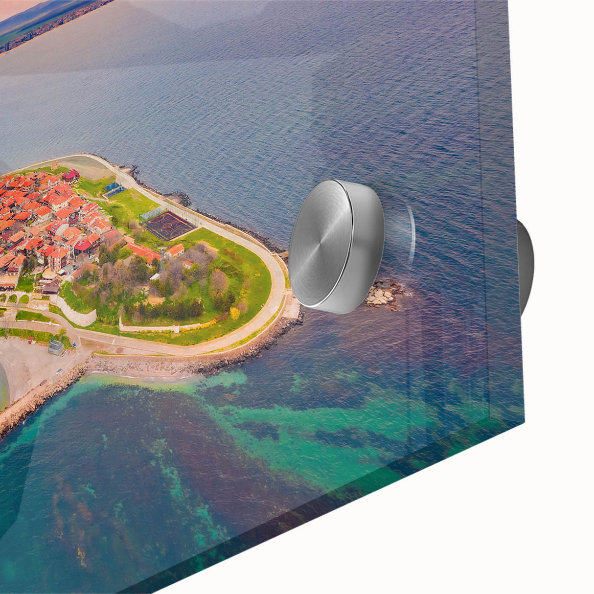 Large abstract wall art of a European Bulgarian scene in muted earth tones on acrylic glass.