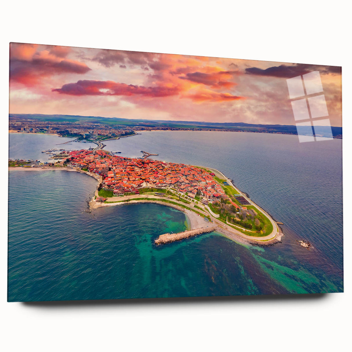 Large abstract acrylic print of a European scenery in muted earth tones, ideal for bedroom or dining room decor.