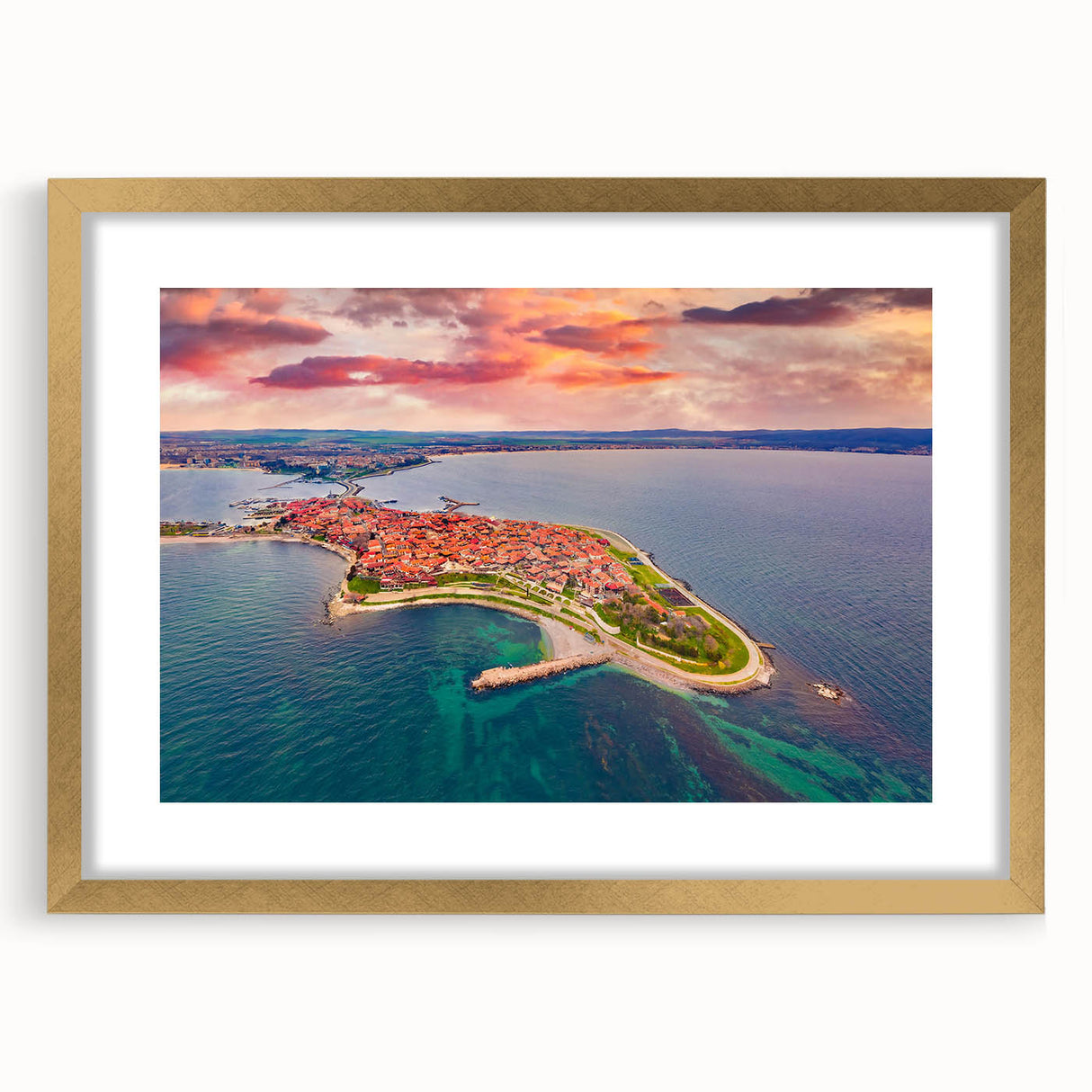 Abstract art print of a European Bulgarian landscape in muted earth tones, framed in gold, suitable for dining room decor.