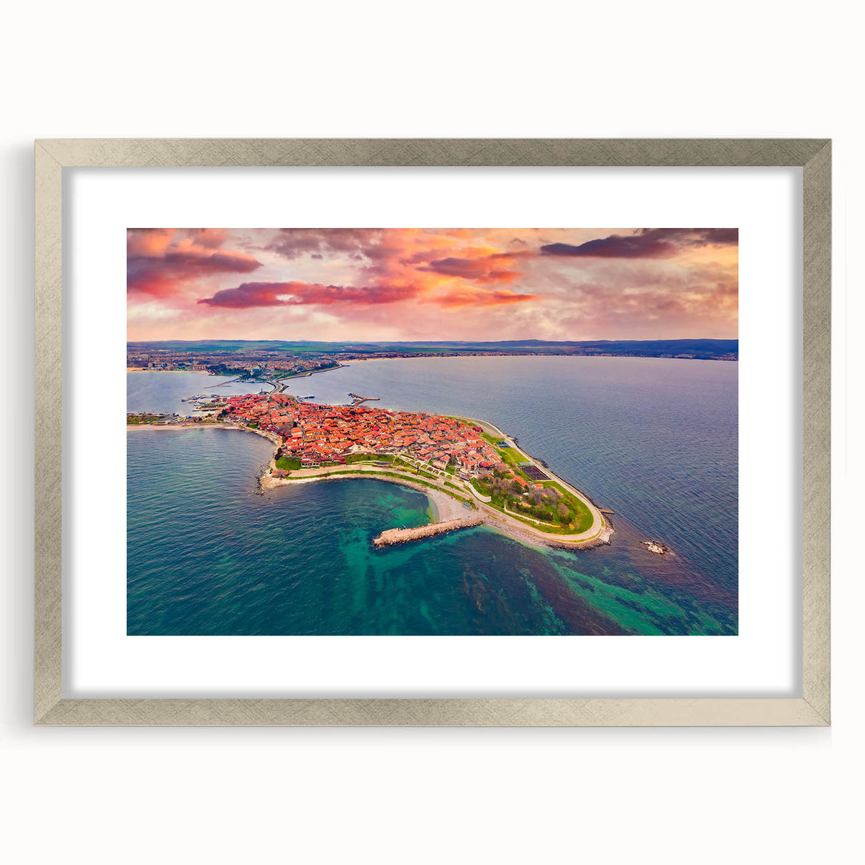 Extra large abstract art print featuring textured scenery of Bulgaria in muted earth tones, framed with a silver mat.