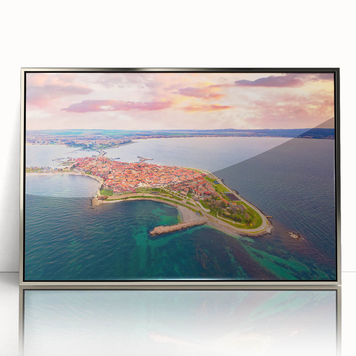 Large art print of a European Bulgarian scenery in silver framed acrylic, featuring mid-century modernist style.