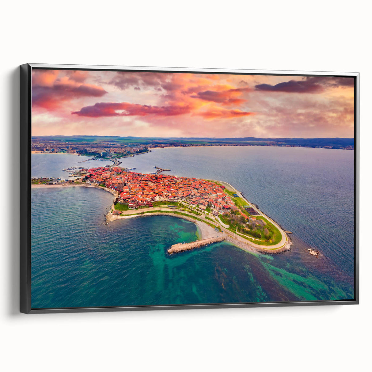 Black and white framed canvas of a Bulgarian landscape, featuring vintage poster art style, ideal for bedroom decor.