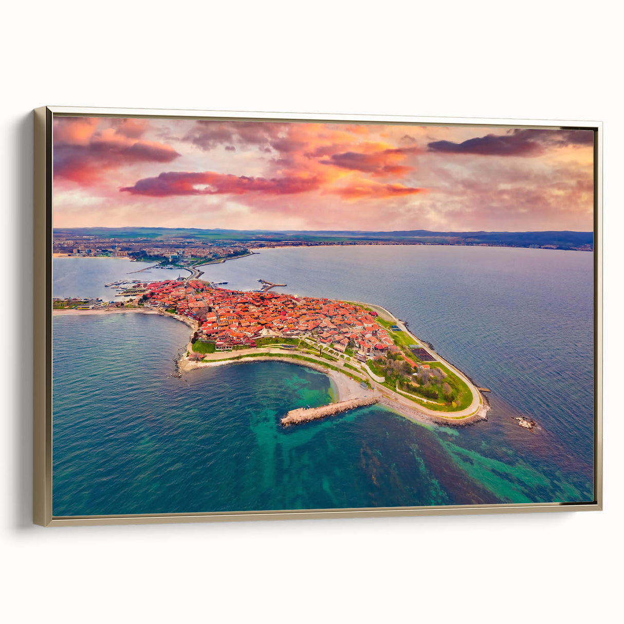 Framed canvas depicting a vintage-style Bulgarian landscape in muted gold and black tones, ideal for bedroom wall art.