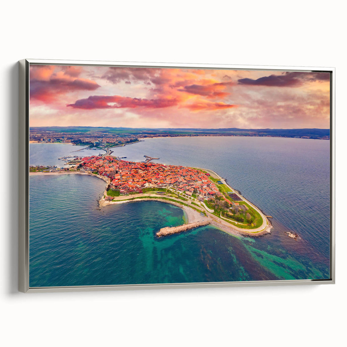 Landscape art painting of a Bulgarian scenery on framed canvas, featuring vibrant, colorful art with a vintage poster feel.