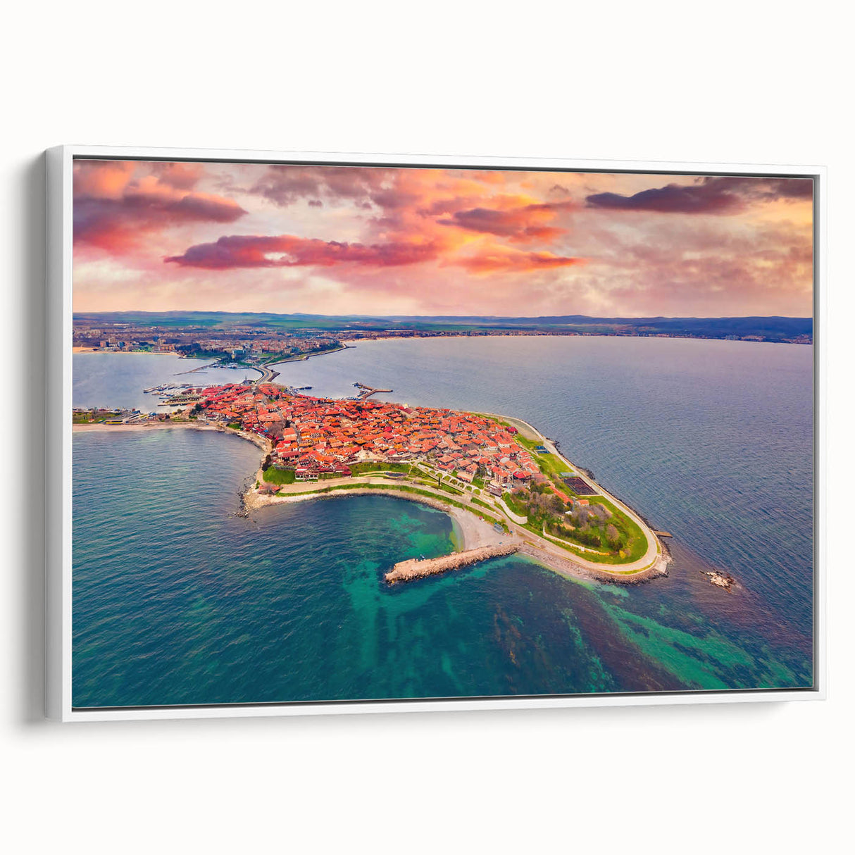 Vintage poster art of a Bulgarian scenery on extra large framed canvas, featuring colorful art against a black background.