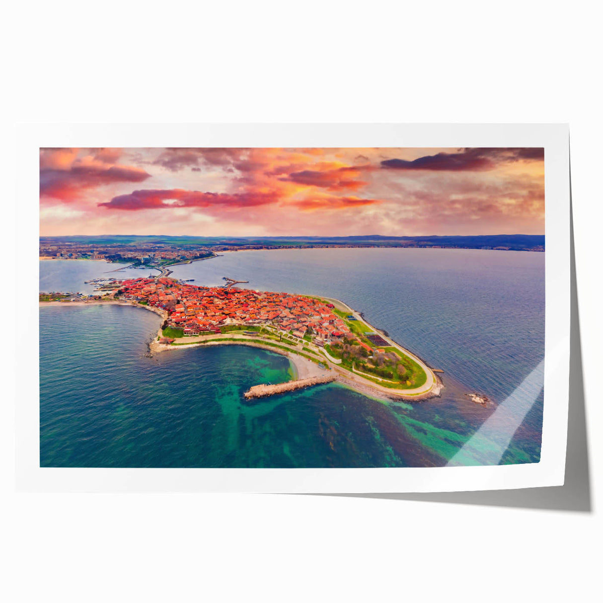 Extra large rolled print of a European Bulgarian landscape with lush floral elements in vibrant greens and blues.