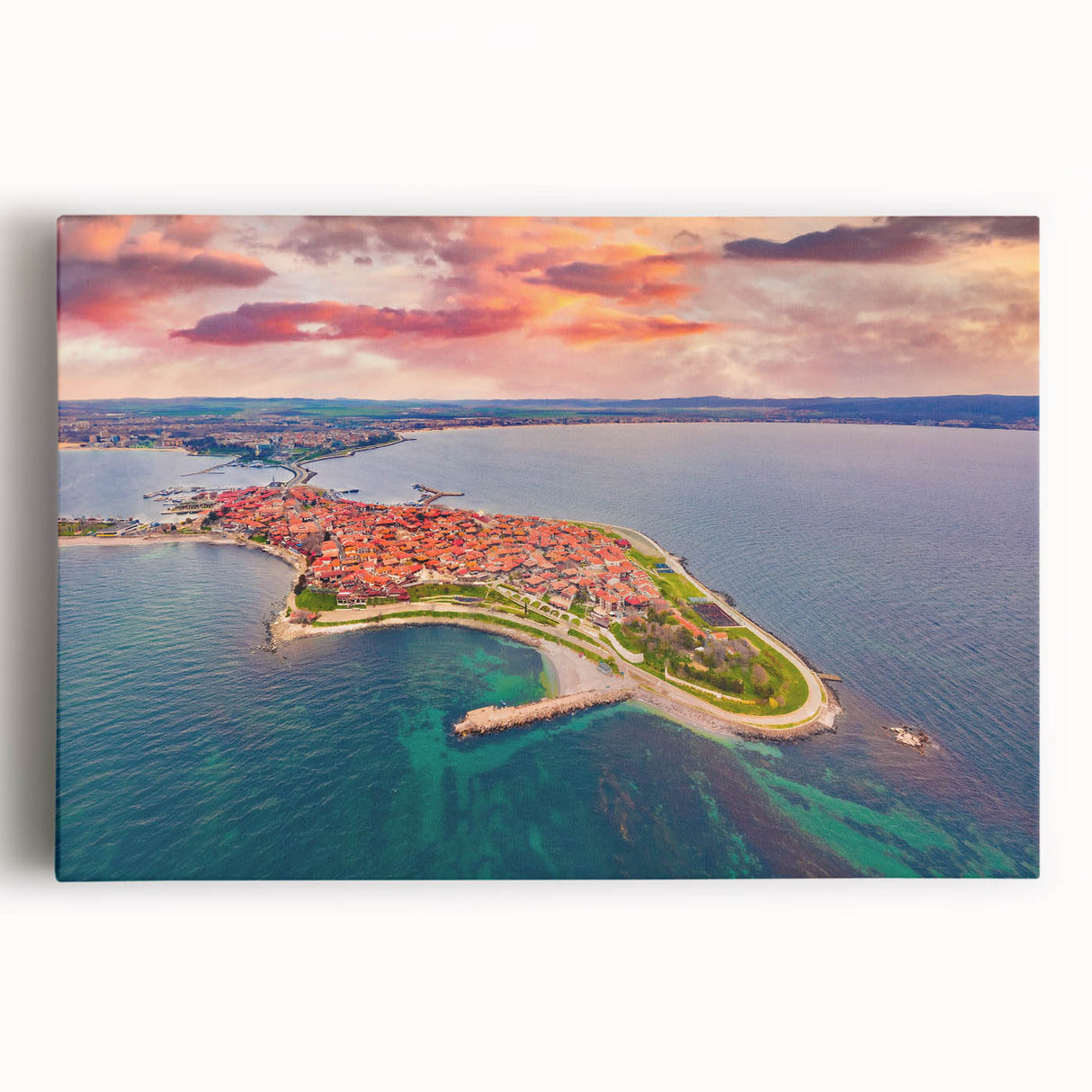 Black and white photograph of a European cityscape printed on large stretched canvas, ideal for kitchen wall art.