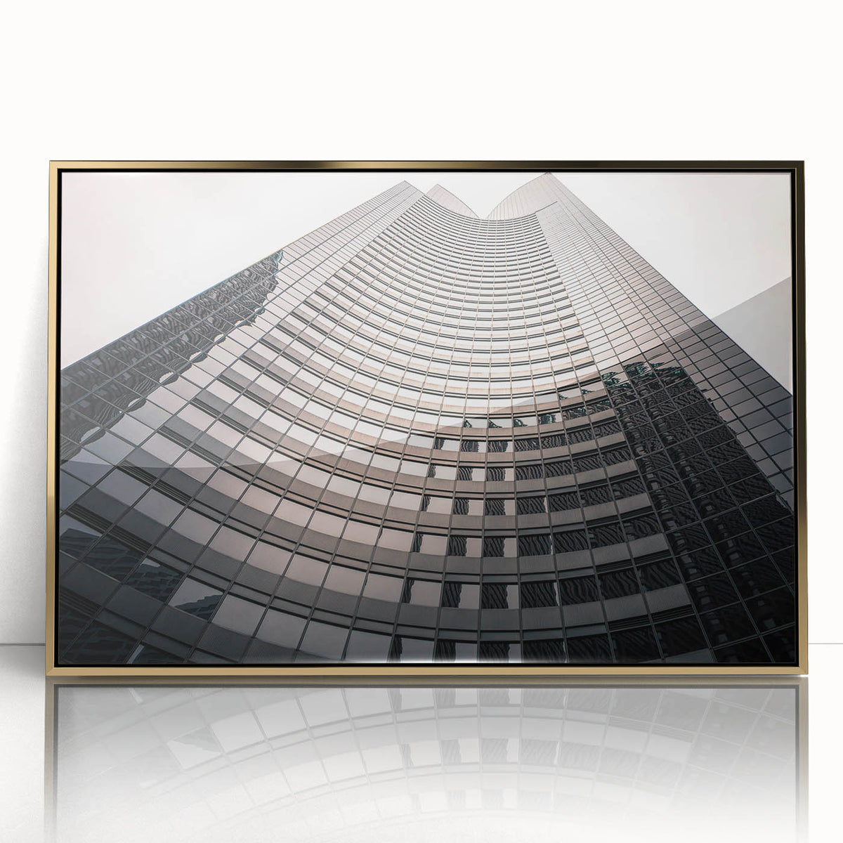 Art deco poster of London skyline in muted gold and blue tones on framed acrylic, ideal for modern art wall decor.